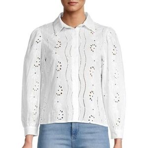 HL AFFAIR Eyelet Puff-Sleeve Shirt in White Women's Cottagecore Prarie Size XS